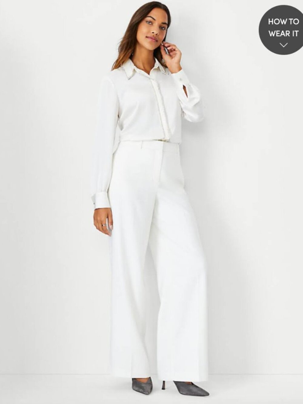 Ann Taylor Petite High Waist Wide Leg Pant in Herringbone - Picture 1 of 2